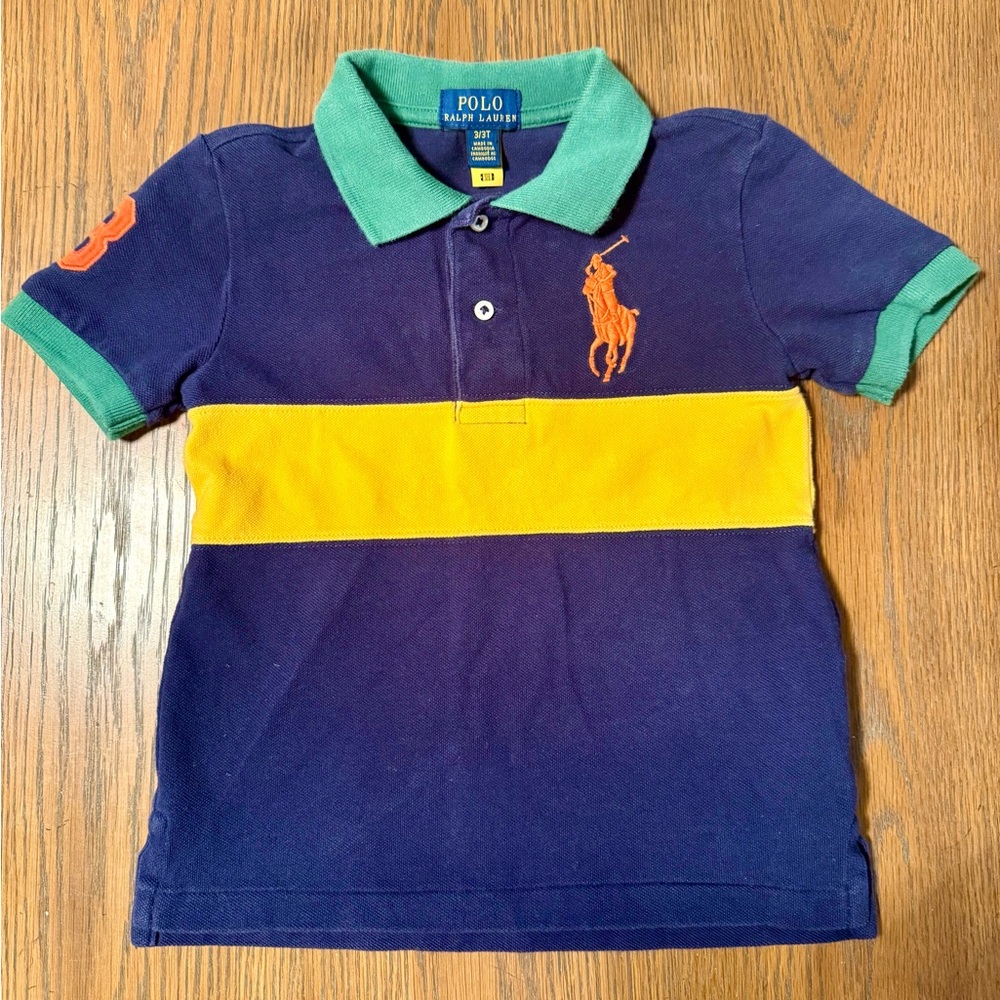 Polo by Ralph Lauren Toddler Boy Big Pony Navy Blue and Yellow Polo Shirt